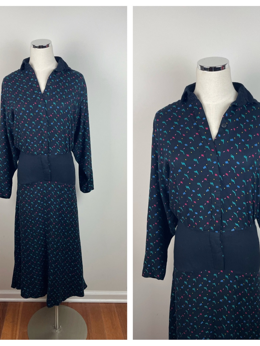 Datiani 80's Geometric Retro Long Sleeve Black Colorful Dress Women Size 4 USA